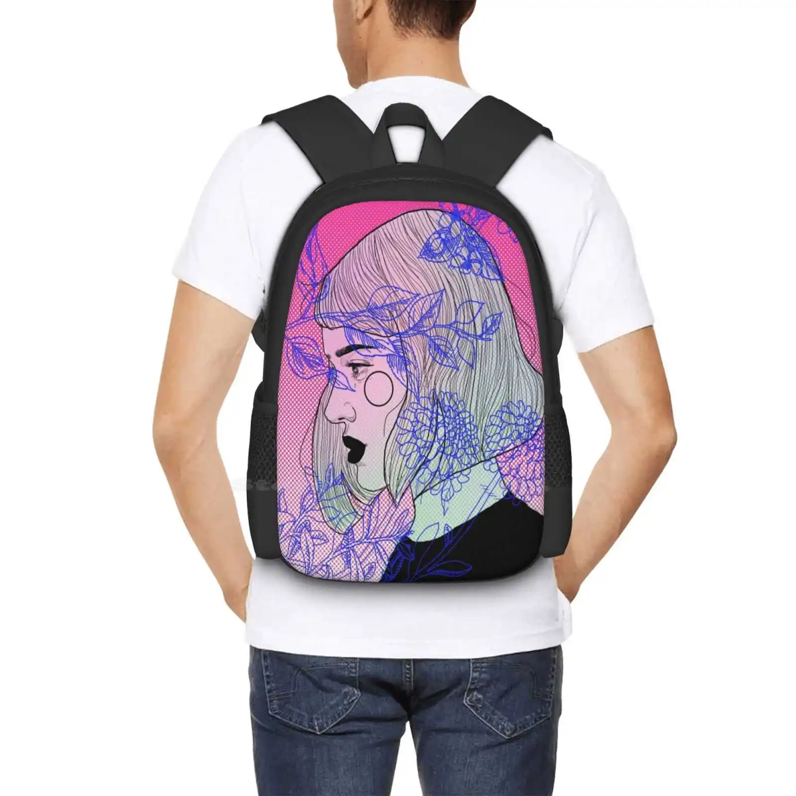 Impaciente-Mochila Neon Pop Art Rosa para Estudante, 3D Print, Surrealismo, Retrato de Menina, Tumblr Cool, Amor Hipster