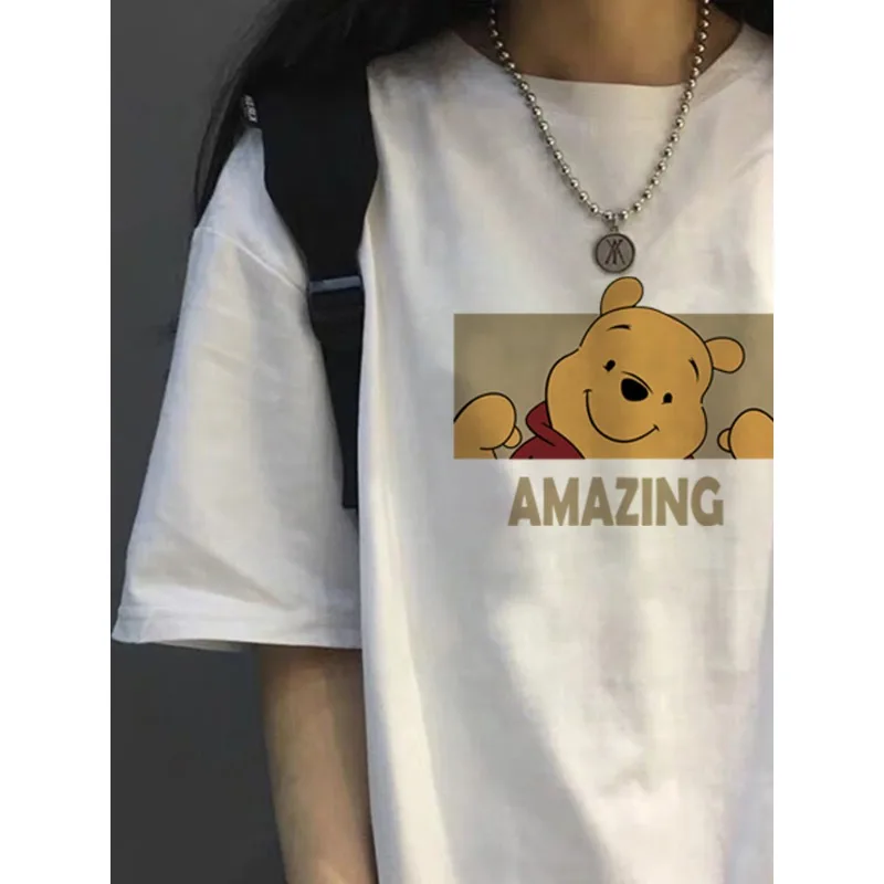 Disney Winnie The Pooh Kawaii Women\'s Print Cotton T-shirt Cartoon Cute Graphic Summer Top Y2K Harajuku Wind Couple Short Sleeve