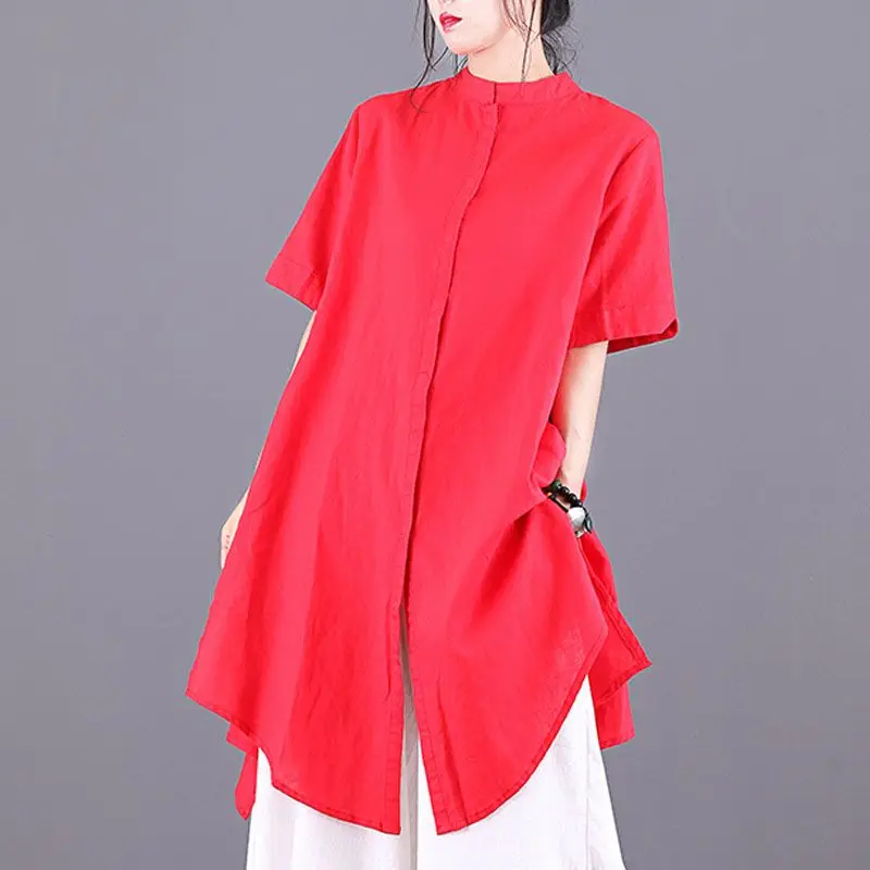 Vintage Asymmetrical Loose Short Sleeve Blouse Summer Button Solid Simplicity Irregular Shirt Tops Casual Fashion Women Clothes