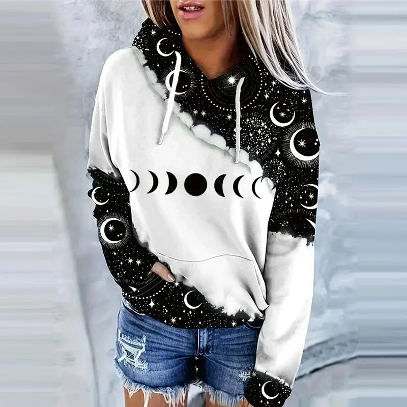 Plus Size Moon Print Drawstring Hoodie Casual Long Sleeve Hooded Sweatshirt Odzież damska