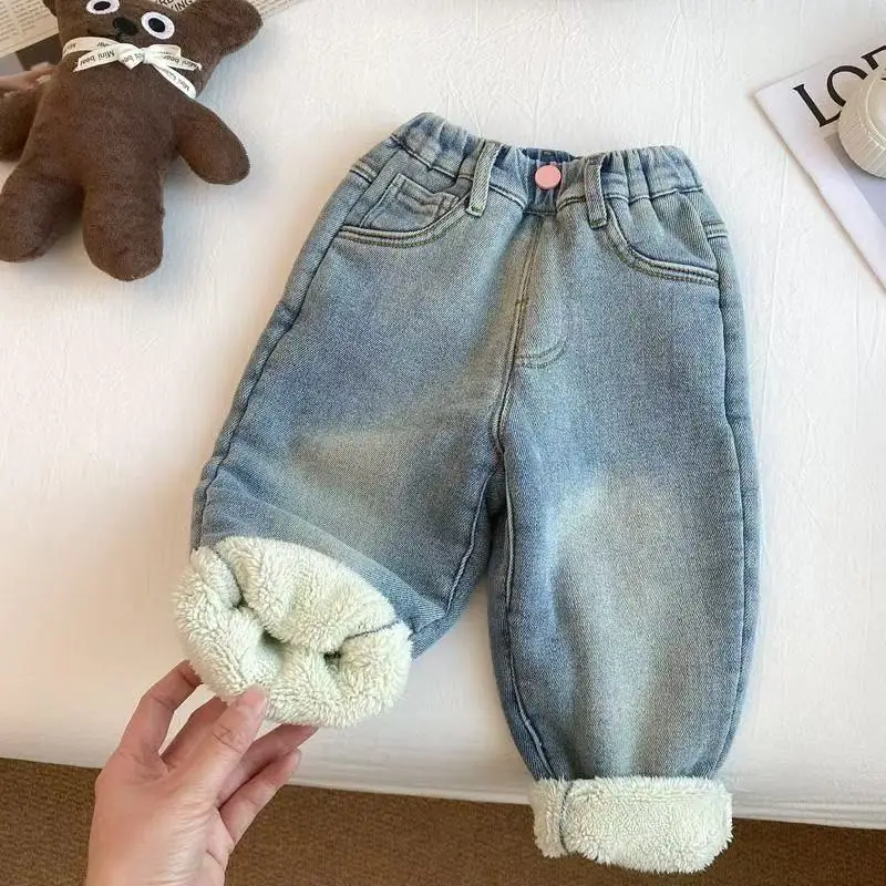 

Kids Jeans Rabbit Embroidered Winter Fleece and Thickened Jeans for Girls Boys Pants Blue Jeans Girls Pants 80-140CM