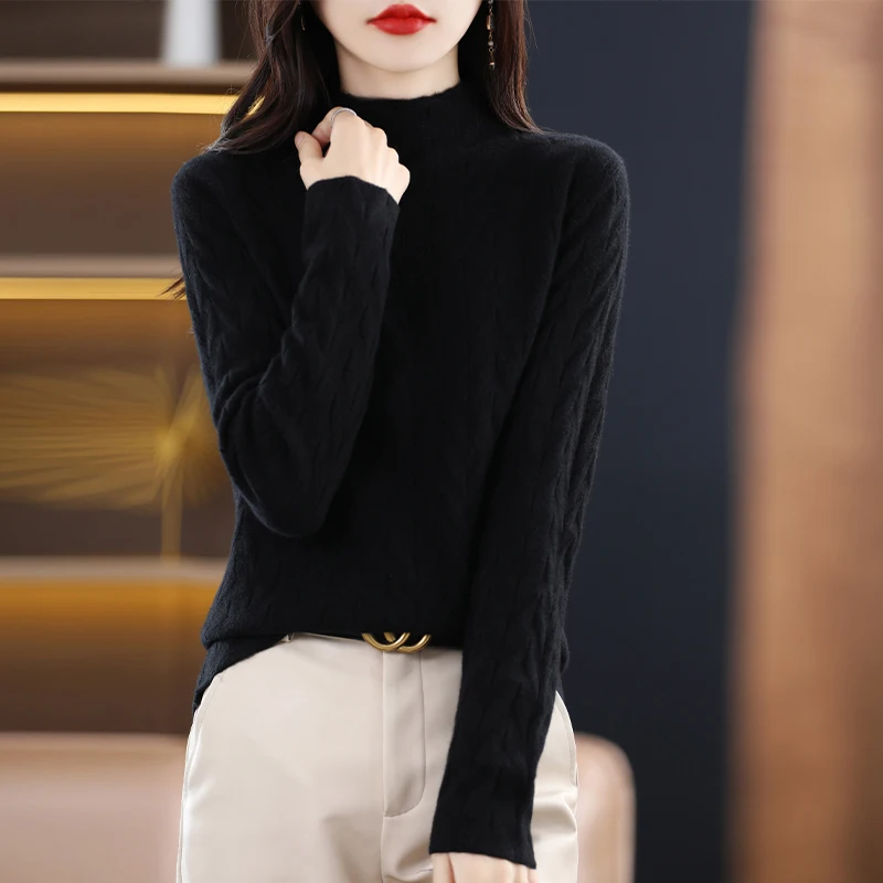 2024Autumn Winter Semi High Neck Dotted Jacquard Knitted Base 100% Pure Wool sweater Versatile Women's Long Sleeved Wool Sweater