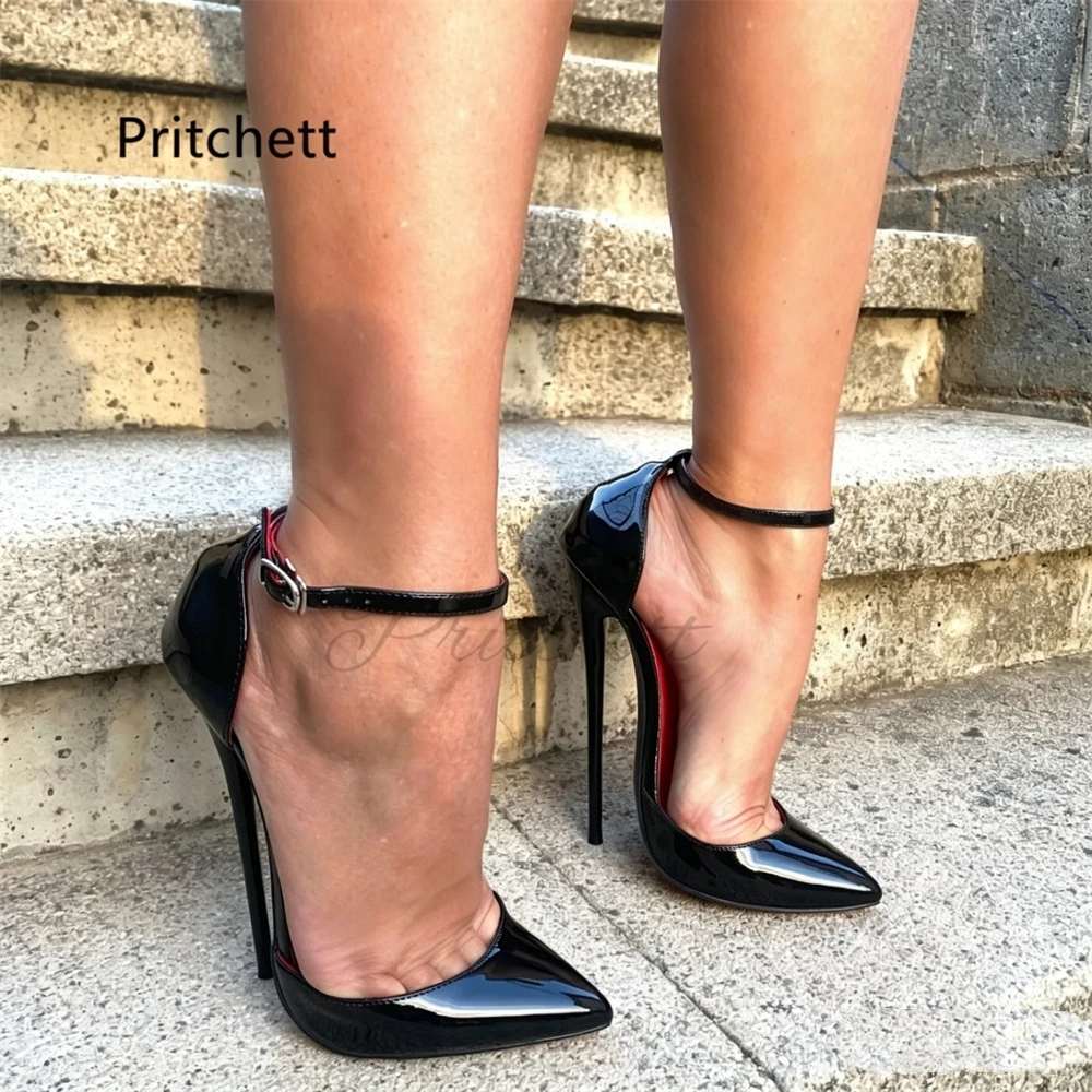 16 cm Schwarze Lackleder-Pumps für Damen, Sexy High Heels mit Spitzer Zehenpartie, Ausgehöhltem Knöchelriemen, Stilettos, Individuell Anpassbar in Verschiedenen Farben, Show-Schuhe