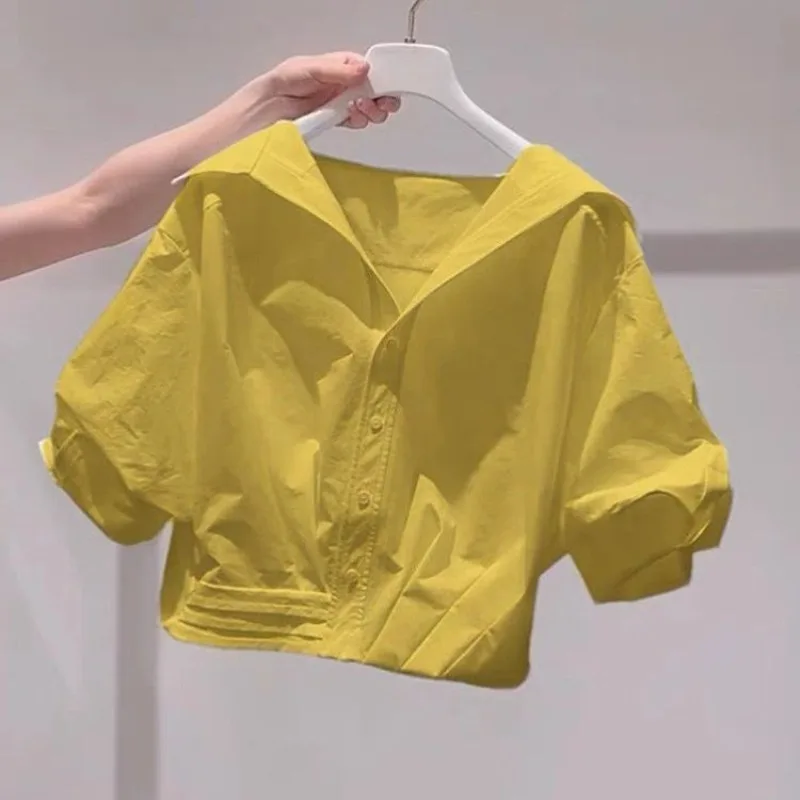 

Laid-back Style Loose Short Top That Trendy and Fashionable A Super Beautiful White Lapel Puffed-sleeve Shirt for Women's Summer