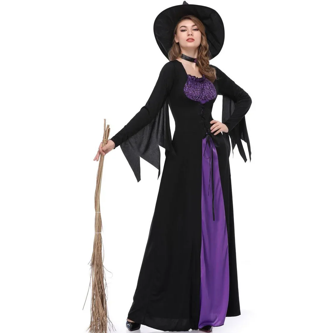 Meisjes Halloween Cosplay Heks Jurk Lange Zwarte Paarse Vampier Heks Jurk Vrouwen Verkleden Bal Prestatie Kleding Uniform