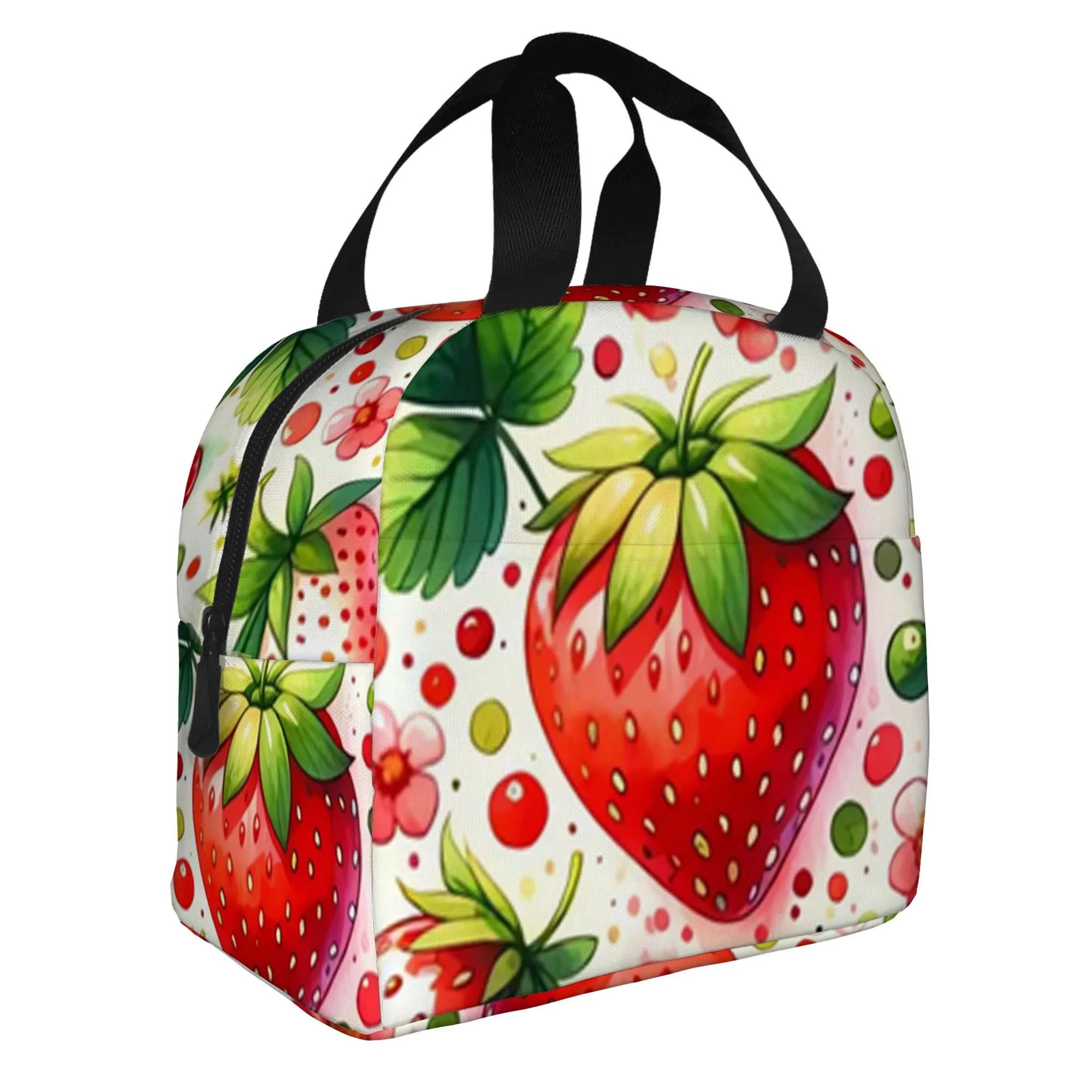 Strawberry Print Insulated Lunch Bag Portable Reusable Thermal Tote for Office School Picnic