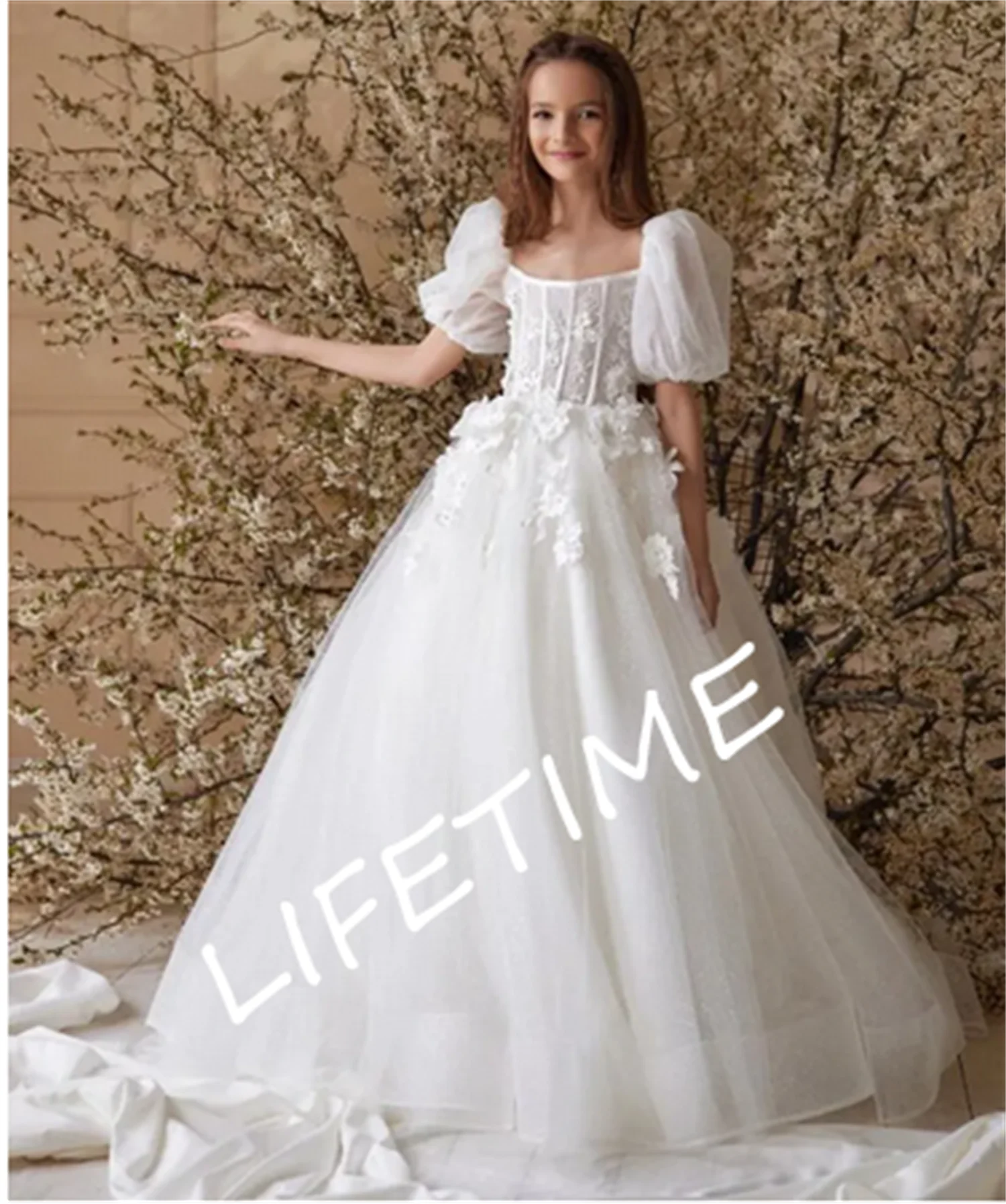 Vestido de princesa feminino com renda, vestido de tule glitter, manga curta, gola quadrada, apliques para primeira comunhão, baile e festa, flor e menina