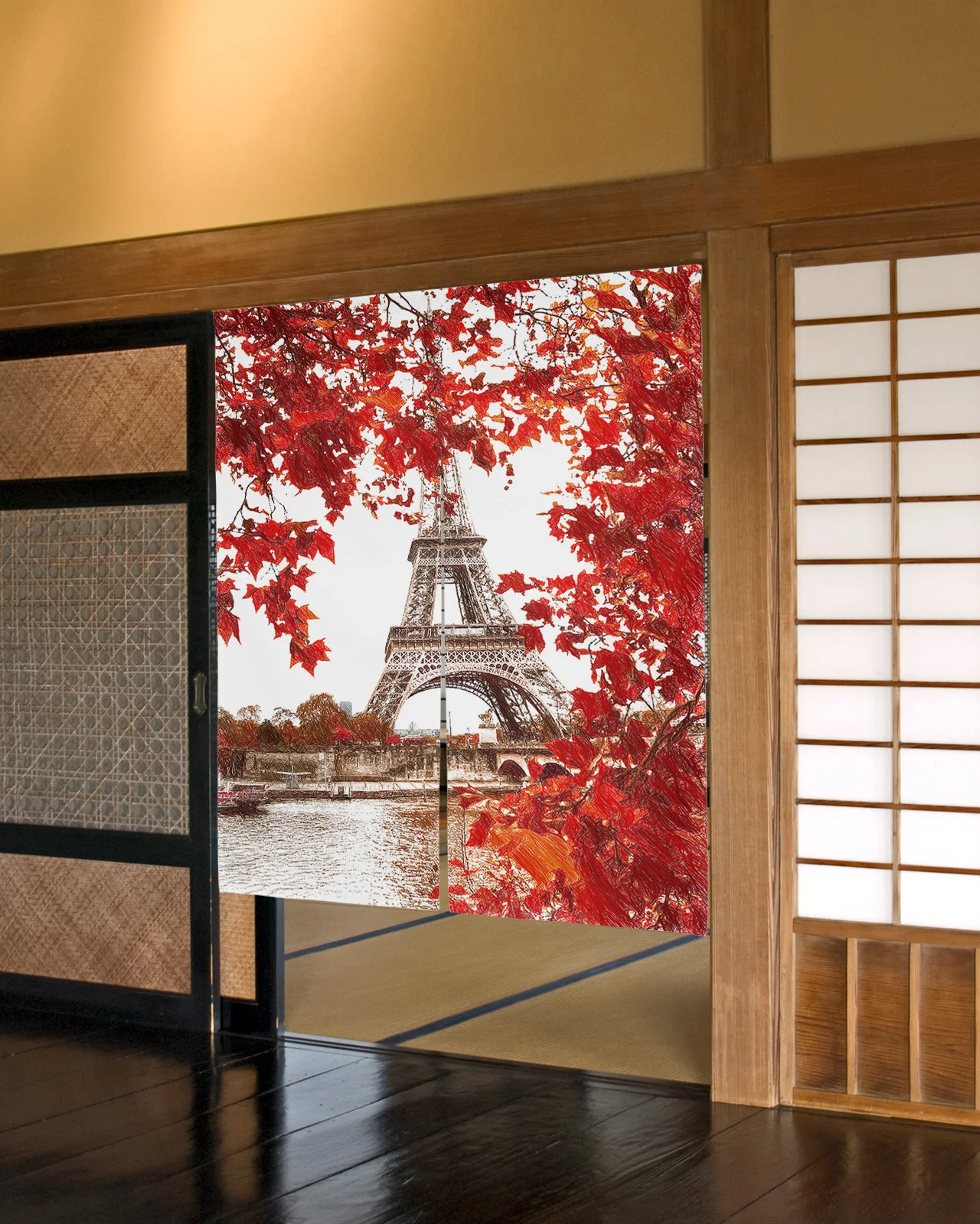 Romantic Paris Eiffel Tower Door Curtain Japanese Bicycle Flowers Partition Curtain Kitchen Decor Entrance Hanging Half-curtain
