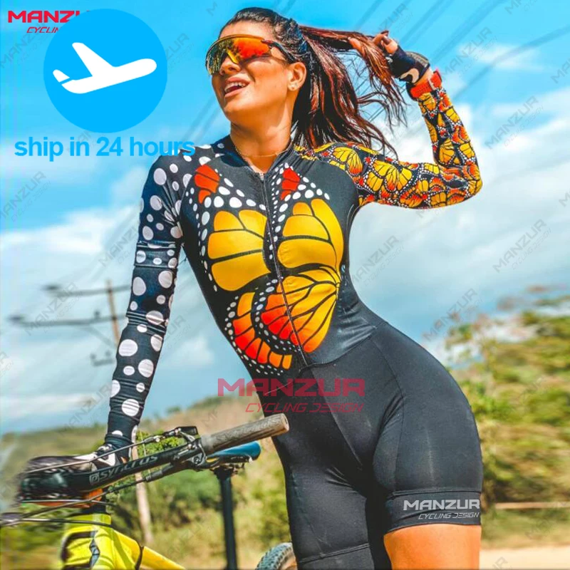 MANZUR Western style cycling suit ladies butterfly flower vitality girl cycling long-sleeved  overall jumpsuit tight shorts