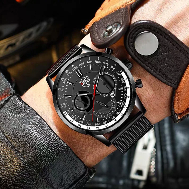 ساعة بحزام شبكي من الفولاذ المقاوم للصدأ هدية عيد الميلاد للرجال أصفاد كوارتز ساعات تناظرية للرجال هدايا للأب ساعة الجمعة السوداء