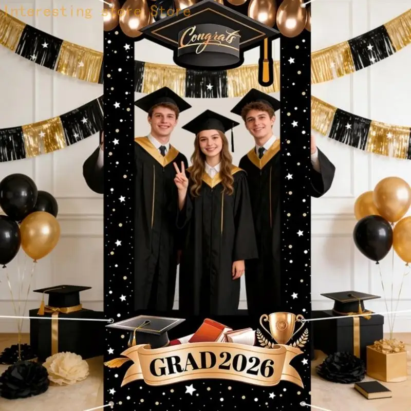 2026 Abschluss-Hintergrund, Schwarz-Gold-Design für Fotokabinen und Partydekorationen 55KC – Detail 4