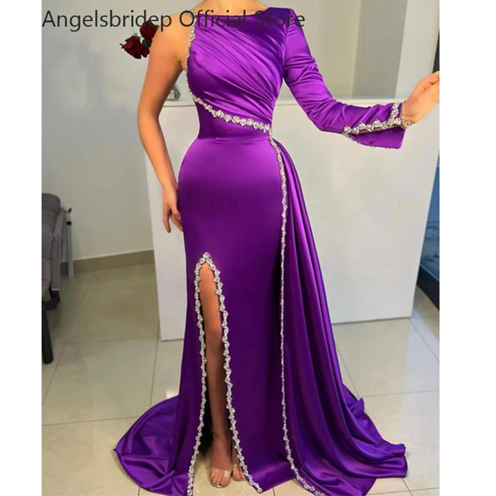 

Angelsbridep Mermaid Prom Dresses Satin One Shoulder Leg Split Sparkly Sequins Long Evening Dress Vestido De Noche Party Gowns