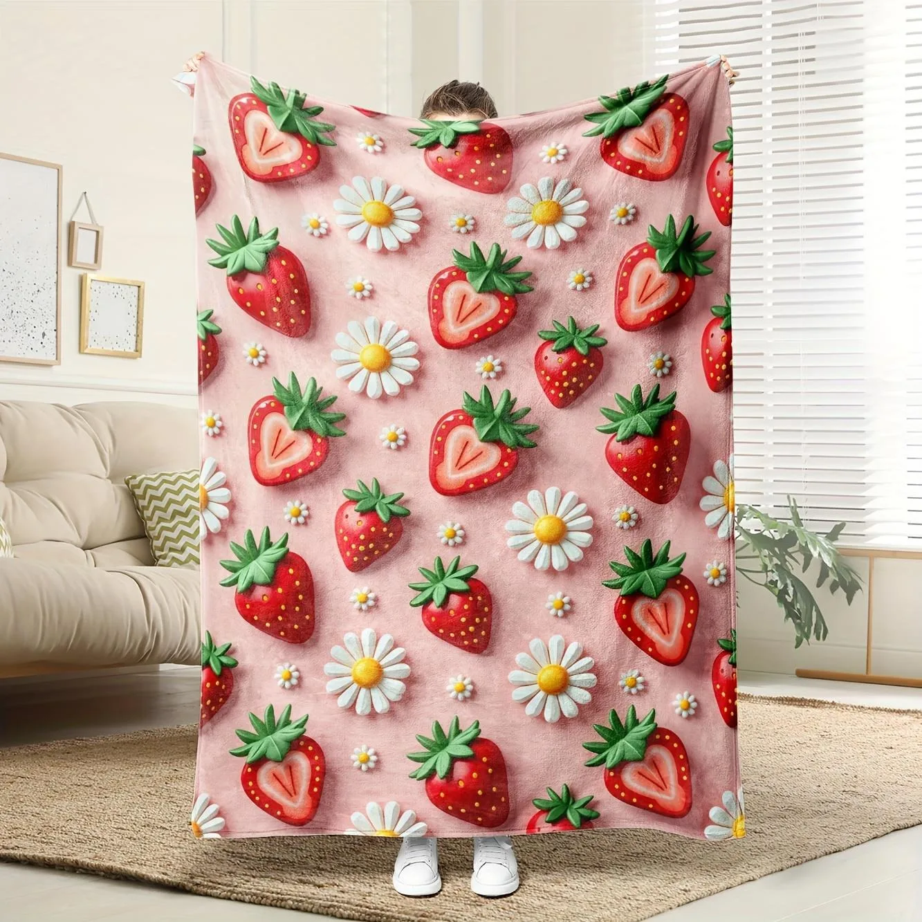

Одеяло с узором клубники и ромашки, сладкий цветочный фруктовый дизайн, мягкое одеяло для домашнего декора