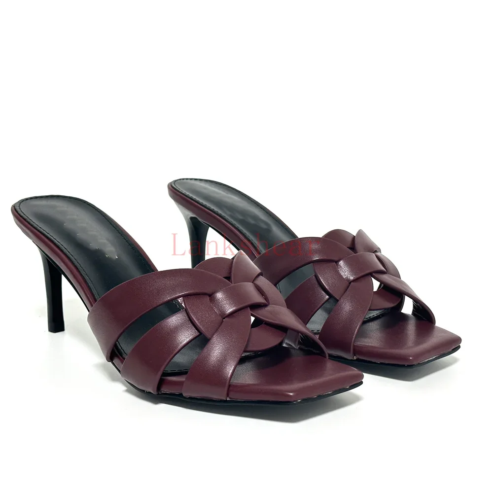 

Square Toe Weaving Leather Slippers Sexy Thin Heel Slip On Solid New Arrivals Summer Fashion Women Modern Shoes