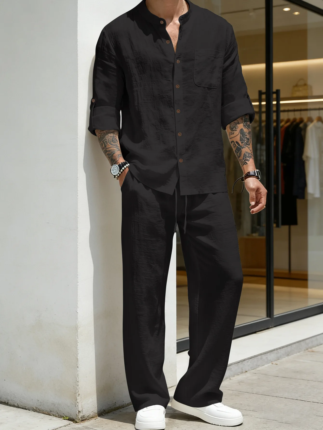 Suit Loose Linen Long Sleeve Shirt And Pants Beach Set for Men Casual Comfortable Breathable Four Season American Style ZY-4345 view 3