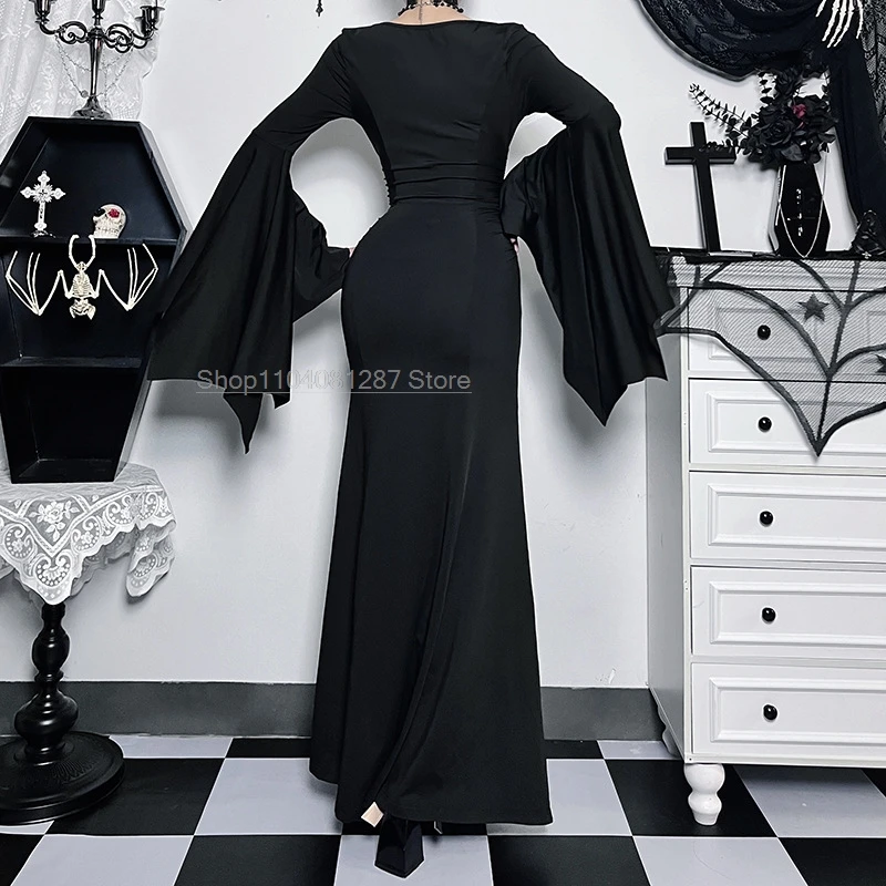 Morticia Jurk Addams Gothic Vrouwen V-Hals Lange Jurk Casual Lange Batwing Mouw Cosplay Kostuum Slim Fit Feest Club Kleding