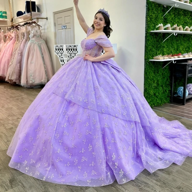 

Lavender Shiny Ball Gown Quinceanera Dresses Off The Shoulder Sequin Applique Lace Beading Crystal Tull Beading Party Birthday