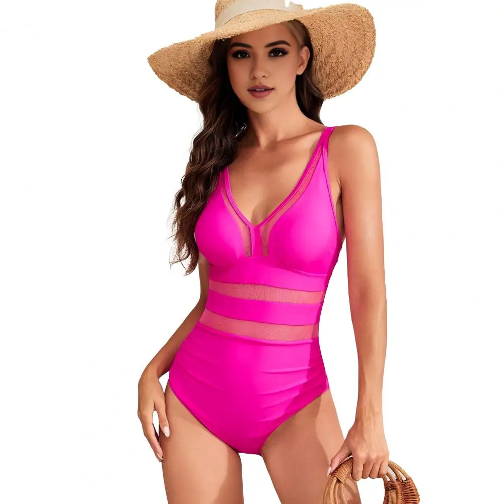 Maillot de bain une pièce à col en V profond pour femmes, monokini sexy, fibre, maille creuse, épissage, taille haute, ensemble de bikinis en forme de S