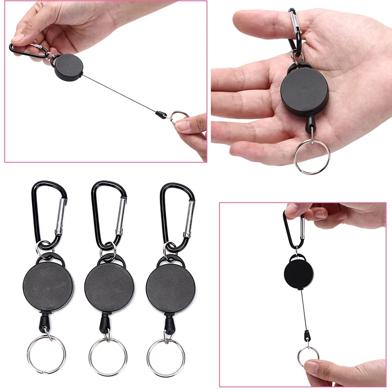 1PCS Black Retractable Key Chain Reel Steel Cord Recoil Belt Key Ring Badge Holder