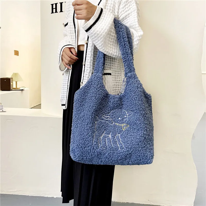 

Korean Ins Minimalist Design Large Shoulder Bag Cute Plush Handbag College Student Class Shoulder Bag Girl Travel Shopping Bag