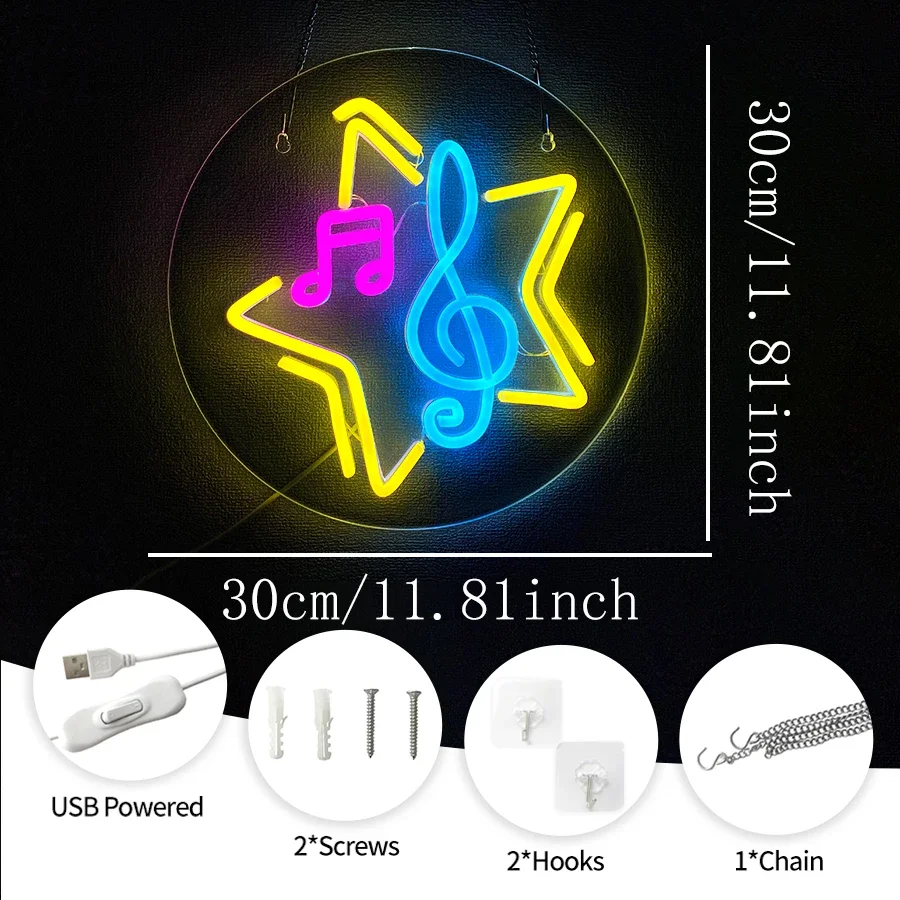 Neonschild zur Musiknotation, Musikkunst, Wand, fünfzackiger Stern, LED-Logo, Nachtlicht, USB-Stromversorgung, Bar, Musikraumdekoration.