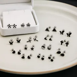 Fashion Black Drop Oil Stainless Steel Earrings For Women Classic Mini Butterfly Heart Cross Flower Star Stud Earrings Jewelry