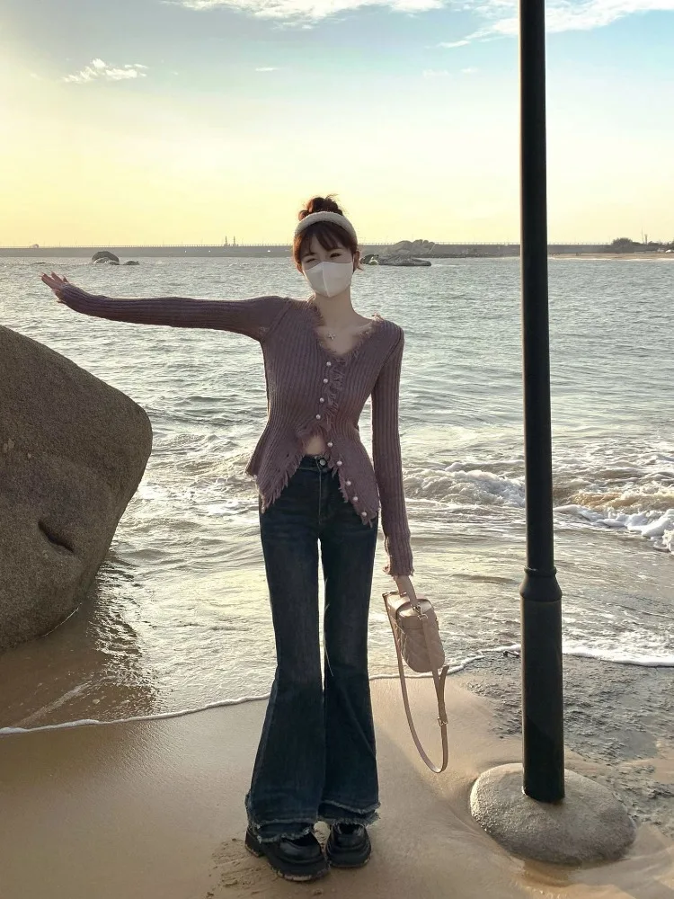 Y2k Clothes Kawaii Knit Cardigan Women Jumper Slim Sweater Raw Edge V-neck Long Sleeve Spring Autumn Coat Korean Chic Crop Top