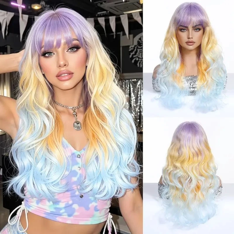 Colorful with Bangs, for Women, Lolita Big Wave Long Curly Hair, Neon Gradient Cosplay Wig