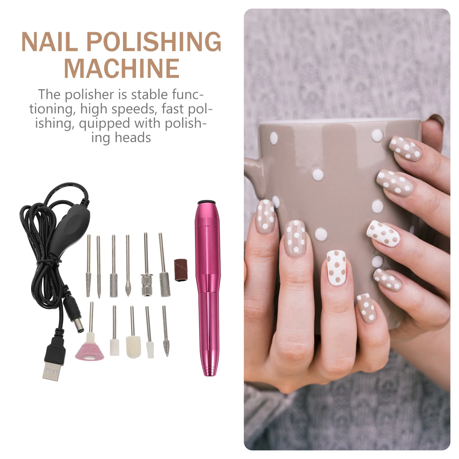 

1 комплект электрической дрели для полировки ногтей, портативной USB-аккумуляторной машины с шлифовальными головками для домашнего и салонного использования