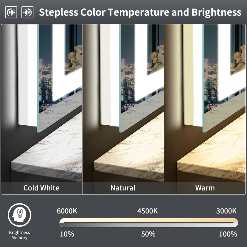 (UUX) LED, 48x36 polegadas retroiluminado + espelho de vaidade de banheiro iluminado frontal com luzes para parede, luz dupla St UQ