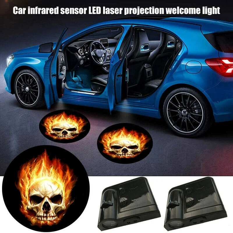 2pcs Skull Logo Car Door Wireless Infrared LED Ghost Laser Projection Welcome Light for F150 Cadillac Kia BMW Chevrolet