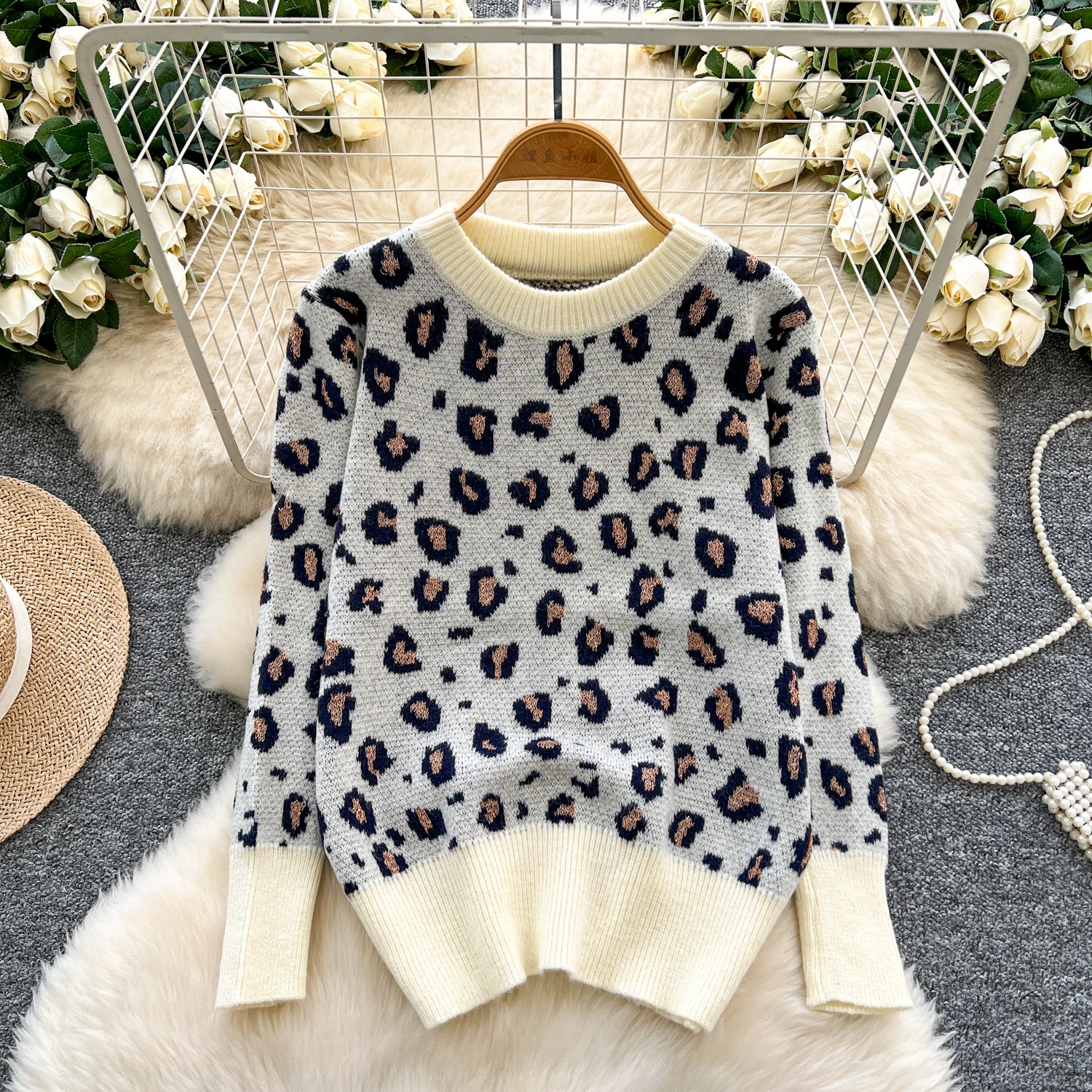 Maglione da donna leopardato 2025 Autunno Inverno Nuovo stile americano High Street O-Collo Pullover Fahion Manica lunga lavorata a maglia Top caldi