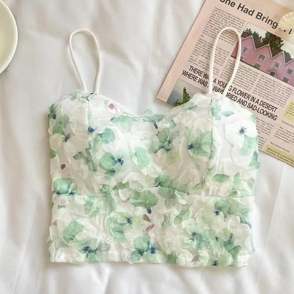 

Fashion Nylon Floral Camisole Floral Printed Breathable Lace Tank Tops Elasticity Short Printed Backless Vest Women