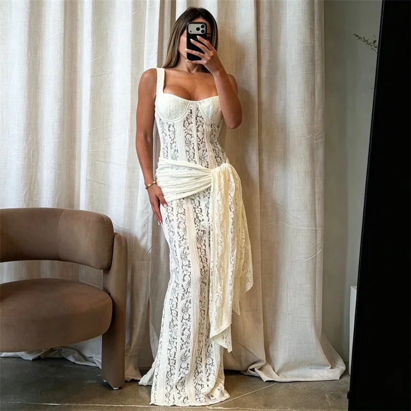 

Sexy White Lace Prom Dress With Lining Stripe Sleeveless Sheath Long Party Gown Formal Wedding Guest Birthday Evening Robe