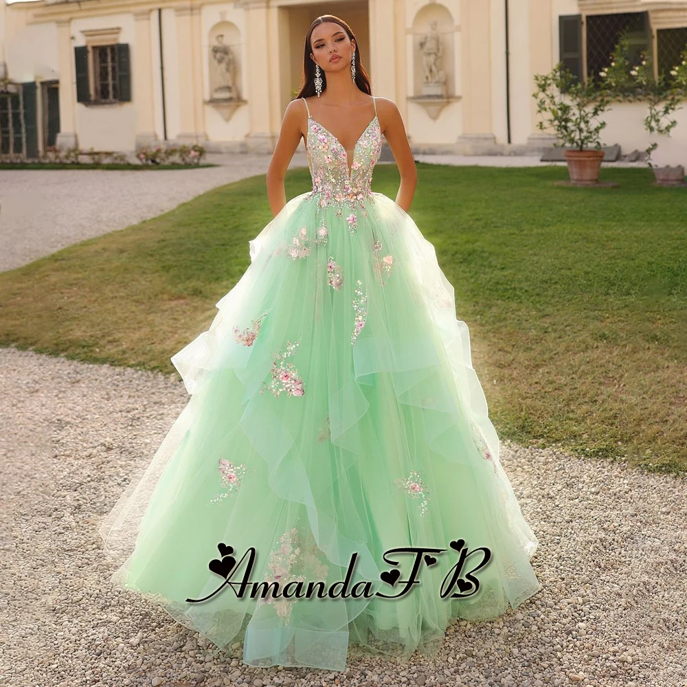 Amanda Charming Ruffles Prom Dress Sleeveless Lace Appliques V-neck Spaghetti Straps Ceremony Vestidos De Festa Customized