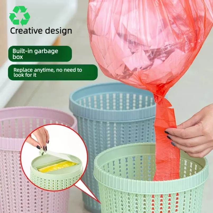 

Eco-Friendly Plastic Trash Can with Built-in Drawstring Garbage Bags, Automatic Refill Design, Hollow Breathable Waste Bin