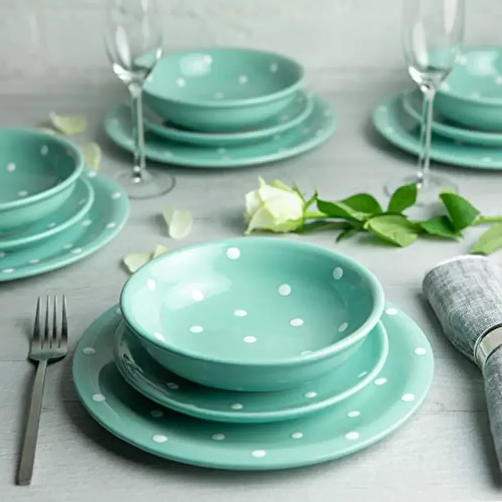 12-Piece Handmade Polka Dot Ceramic Dinnerware Set Tableware Service 4 Plates Bowls Teal Blue White Eco-Friendly Wedding Gift