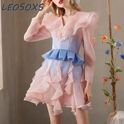 LEOSOXS2024 Autumn New Gradual Change Color Sweet Princess Skirt Set High Sense Organza Wavy Lapel Top Ruffle Shorts 2-piece Set