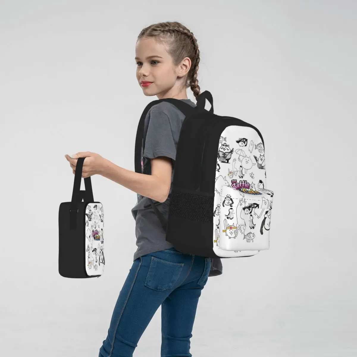 Conjunto de três peças de gatos de batalha para estudantes, mochilas escolares, mochila, lancheira, saco de caneta, mochila para crianças, jogos de desenhos animados