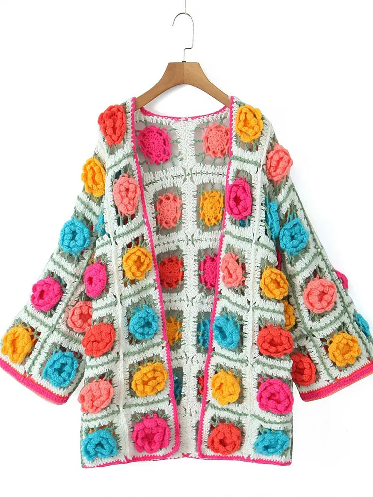 2024 European and American women\'s ethnic retro multi-color handmade three-dimensional flower cardigan sweater loose casual knit