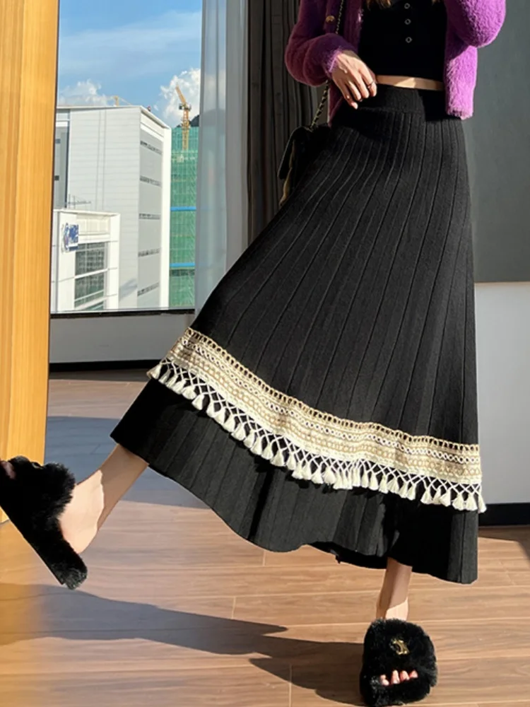 SMTHMA المرأة 2025 الخريف/الشتاء لينة عالية الخصر ألف خط كبير سوينغ تنورة مع مائة أضعاف شرابة الربط محبوك تنورة طويلة #3
