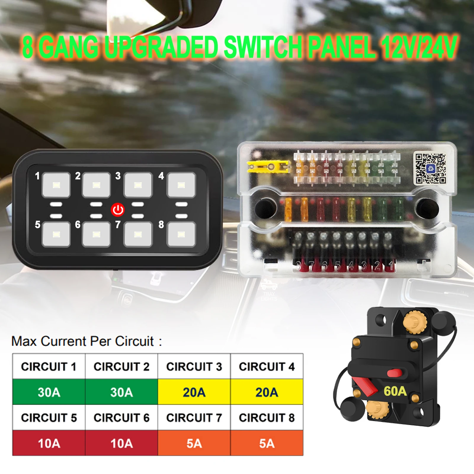 8 Gang Bluetooth Touch Switch Panel 60A Circuit Breaker Fuse Block Box Kit 12V-24V Waterproof for Boat ATV Marine RV Camper Car