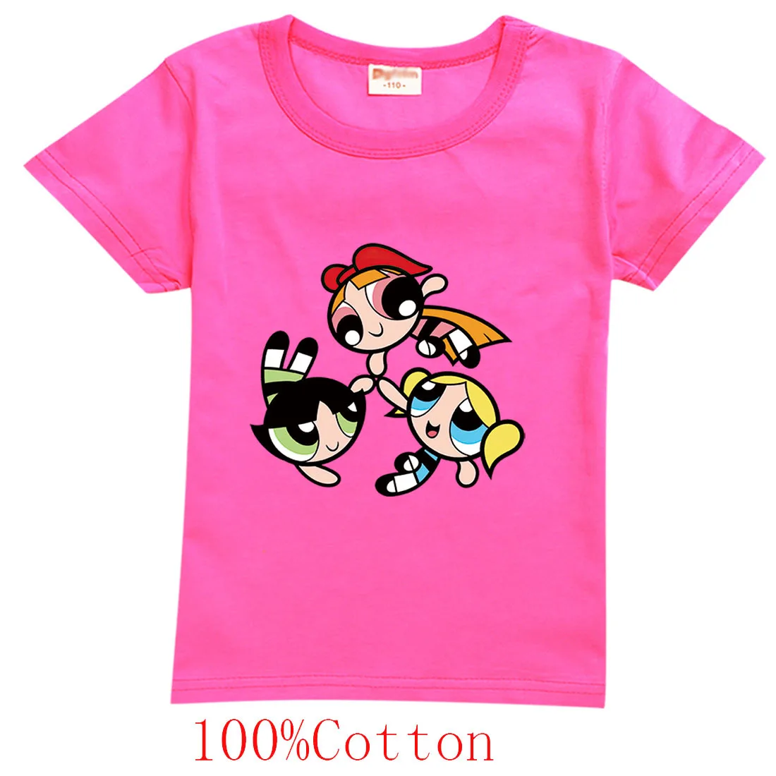 P-Powerpuffing Girls Kids T-shirts Cartoon Anime Figures Short Sleeves Tees Round Neck Tops Boutique Summer Clothing