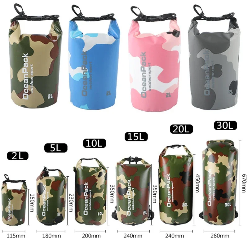 Bolsa seca impermeable, paquete de mochila seca con tapa enrollable de camuflaje para kayak, canotaje flotante, natación, Rafting, pesca, playa