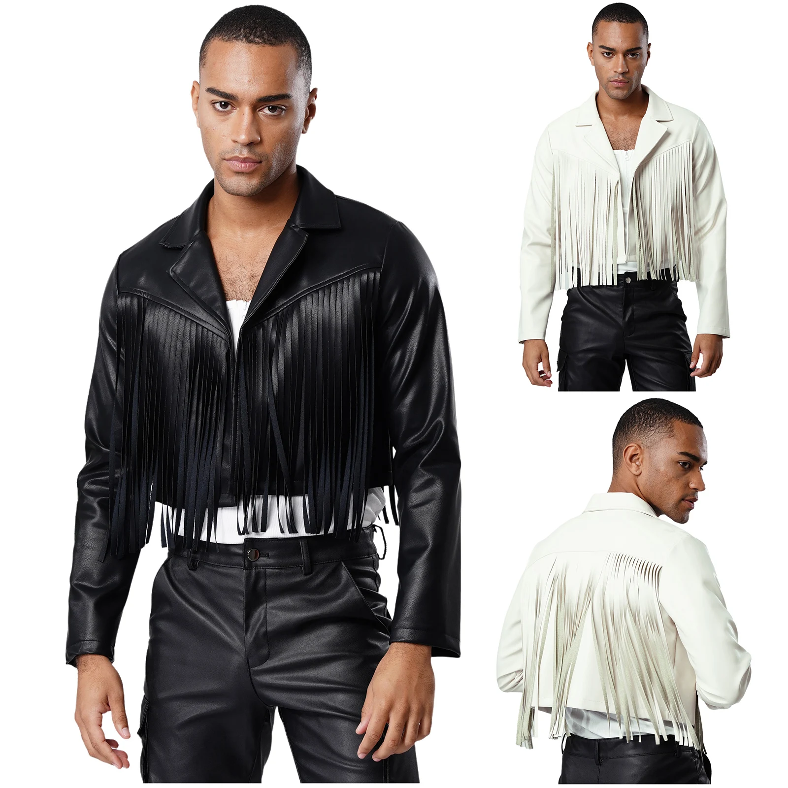 

Mens Punk Faux Leather Crop Jackets Notch Lapel Long Sleeve Tessel Fringe Open Front Cardigan Outerwear Jazz Rock Music Festival