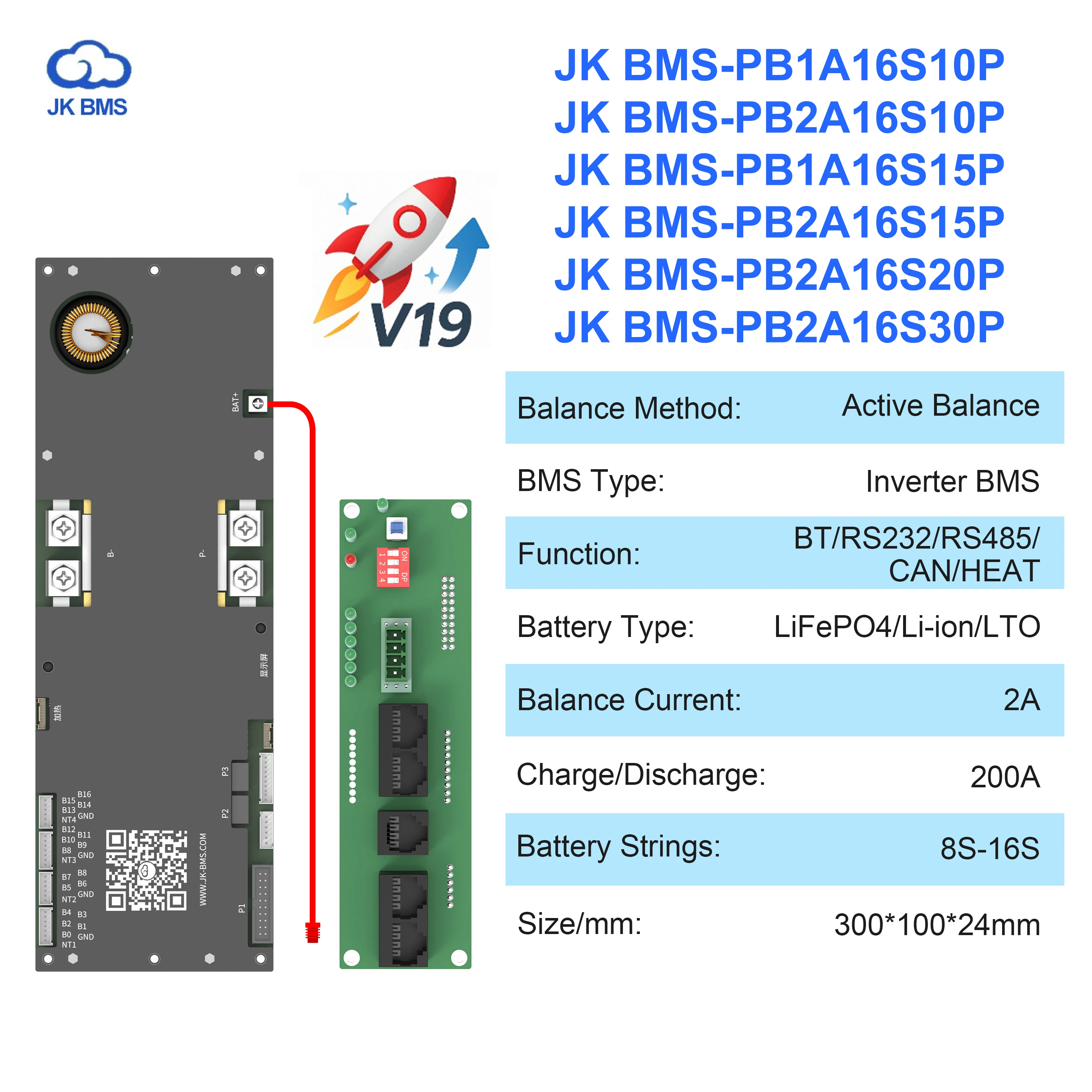 JK 스마트 BMS V19 8S/16S 24V 48V 100A 150A 200A 300A 리튬인산철(LiFePo4) 리튬이온 배터리 가정용 에너지 BMS 인버터용 액티브 밸런서 1A2A