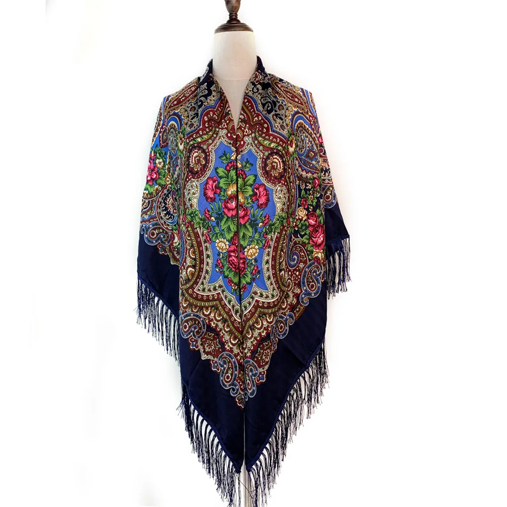 160*160cm Russian Style Luxury Floral Print Square Scarf Women Traditional Fringed UKrainian Shawl Babushka Bandana Head Wraps