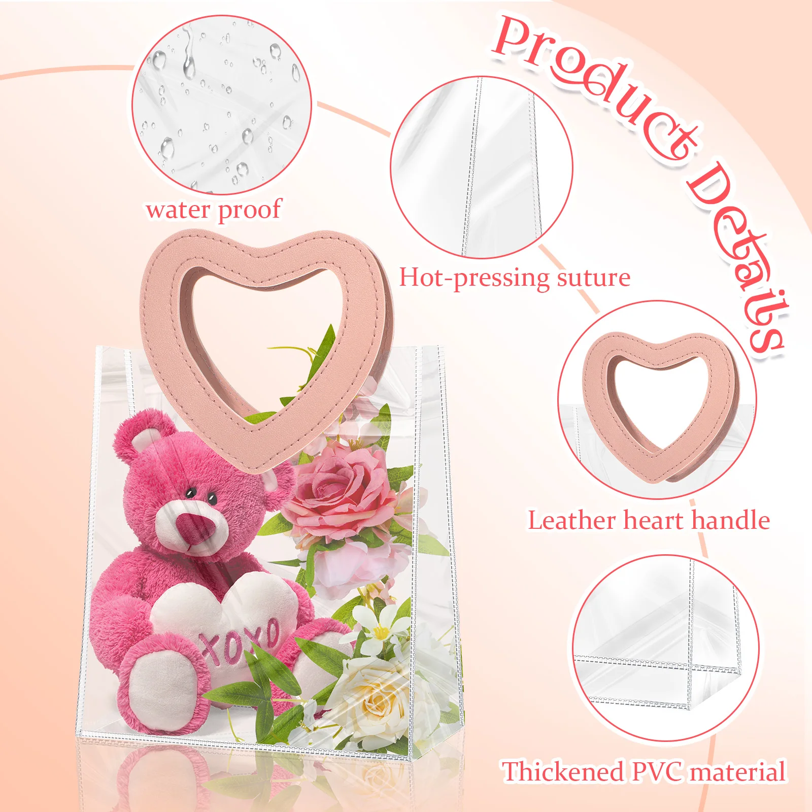 1pc Transparent Waterproof PVC Tote Bag Gift Packaging Bags With Heart Hand Loop Clear Handbag Cosmetic Bag Travel Storage Bag