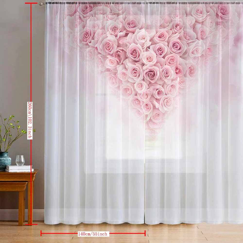 2PCS Home decoration pink rose printed window screens with pole bags, suitable for kitchens, cafes, and living rooms