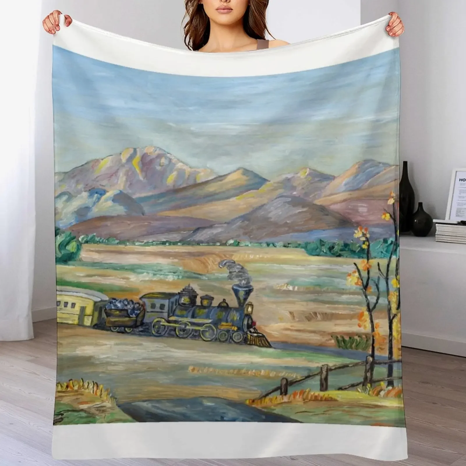 New A Train Moving Through Wild West Naive Painting Throw Blanket Soft Breathable Blanket for Night Sleeping